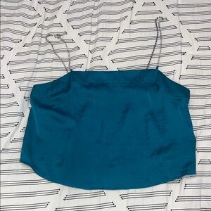 UO Teal Satin Rhinestone Chain-Strap Cami Crop Top